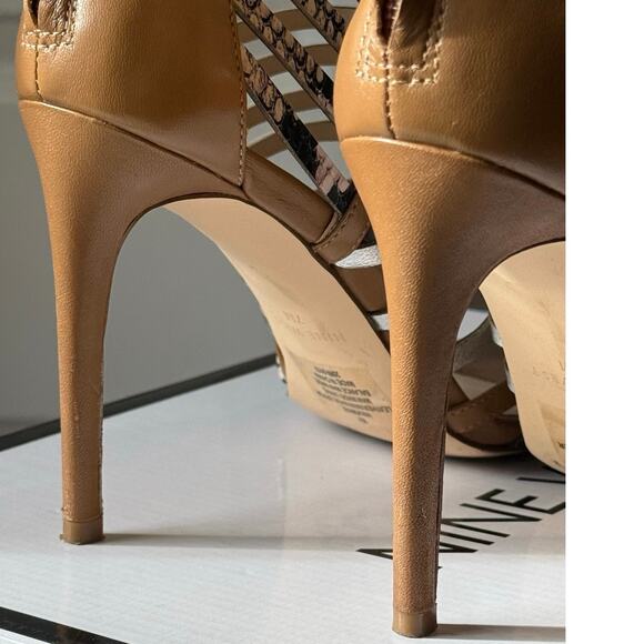 Nine West SZ 7 in Box Tan Leather 4" STILLETO Heel PEEP TOE Snakeskin Metallic - Picture 8 of 16